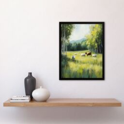 Artery8 Sheep Cows Grazing Countryside Field Painting Framed Art Print in Green - Size: A4 - thumbnail 4