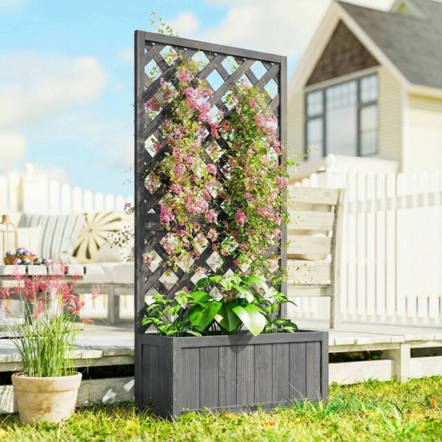 OUTSUNNY x 31.5 x 149.5 cm, Grey) Wood Planter with Trellis in Grey - Size: 31.5 x 149.5 cm - image 1