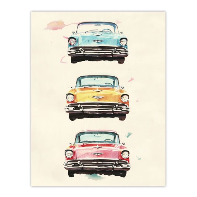 "Artery8 3 Three Classic Vintage Cars Watercolour Modern Wall Art Print in Beige - Size: W24"" x H32""" - image 1