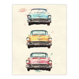"Artery8 3 Three Classic Vintage Cars Watercolour Modern Wall Art Print in Beige - Size: W24"" x H32""" - thumbnail 1