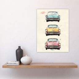 "Artery8 3 Three Classic Vintage Cars Watercolour Modern Wall Art Print in Beige - Size: W24"" x H32""" - thumbnail 4