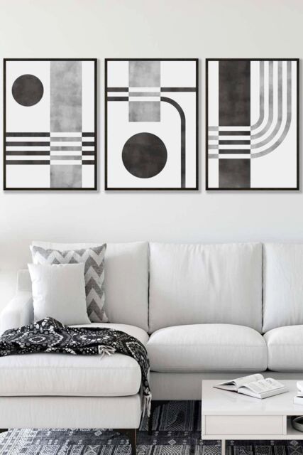 ARTZE Set of 3 Black Framed Mid Century Graphical Shapes in black & Grey Wall Art in Dark Grey - Size: W33 cm x H45 cm x D20mm - image 1