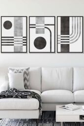 ARTZE Set of 3 Black Framed Mid Century Graphical Shapes in black & Grey Wall Art in Dark Grey - Size: W33 cm x H45 cm x D20mm - thumbnail 1