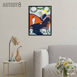"Artery8 Vintage Christmas Woman With Cat Framed Canvas Wall Art Print E Penfield in Red - Size: W24"" x H32""" - thumbnail 3