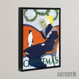 "Artery8 Vintage Christmas Woman With Cat Framed Canvas Wall Art Print E Penfield in Red - Size: W24"" x H32""" - thumbnail 2