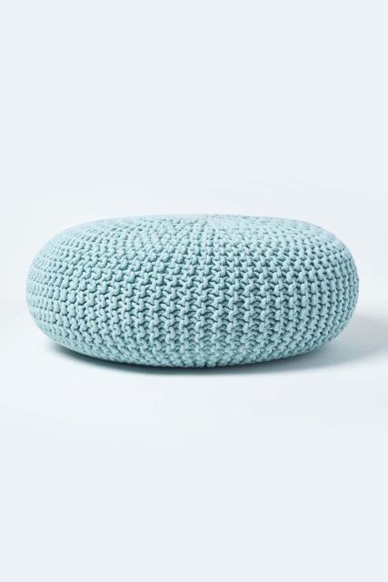 Homescapes Large Round Cotton Knitted Pouffe Footstool in Bright Blue - image 1