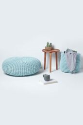 Homescapes Large Round Cotton Knitted Pouffe Footstool in Bright Blue - thumbnail 6