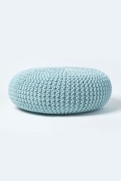 Homescapes Large Round Cotton Knitted Pouffe Footstool in Bright Blue - thumbnail 1