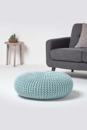 Homescapes Large Round Cotton Knitted Pouffe Footstool in Bright Blue - thumbnail 2