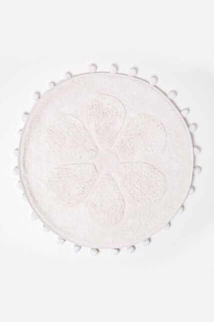 Homescapes Floral Bath Mat 100% Cotton with Pom Pom Edges in White - image 1