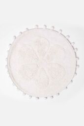 Homescapes Floral Bath Mat 100% Cotton with Pom Pom Edges in White - thumbnail 1