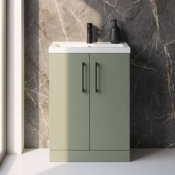 Balterley Bathroom Vanity Basin Unit, Black Handles, 600mm, Satin Green - thumbnail 4
