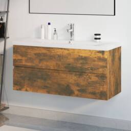 Berkfield Home Sink Cabinet with Built-in Basin Smoked Oak Engineered Wood in Brown - thumbnail 2