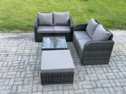 Fimous Rattan Sofa Set Outdoor Garden Furniture Set with Square Coffee Table Loveseat Sofa Big Footstool Dark Grey Mixed - thumbnail 2