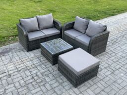 Fimous Rattan Sofa Set Outdoor Garden Furniture Set with Square Coffee Table Loveseat Sofa Big Footstool Dark Grey Mixed - thumbnail 1