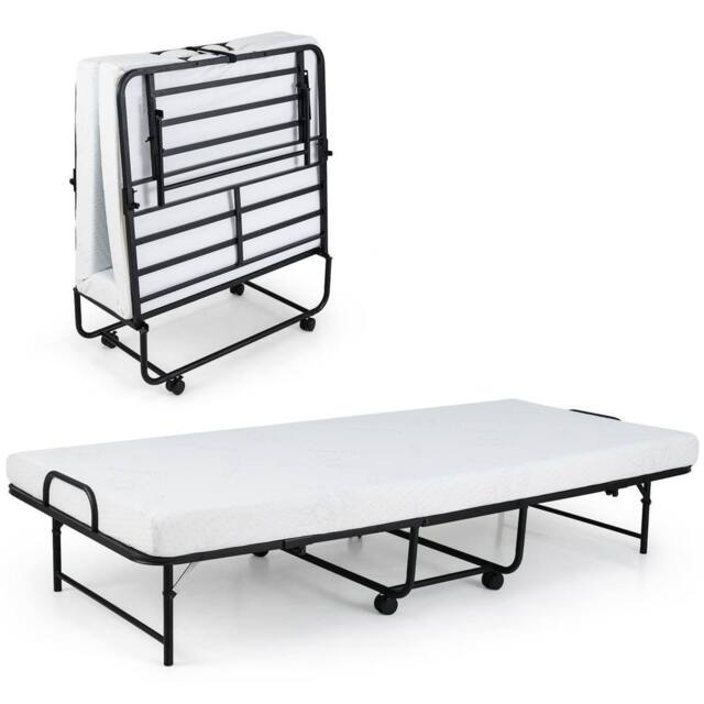 Gymax Folding Bed Portable Portable Guest Bed With Mattress-White in White - image 1