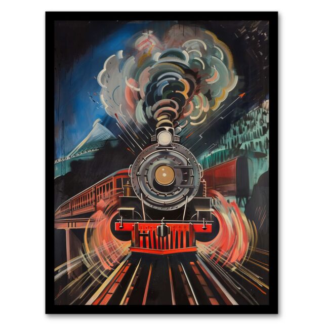 "Artery8 Steam Train Painting Engine Dark Powerful Bold Framed Art Print - Size: W12"" x H16""" - image 1