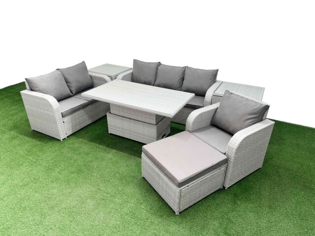 Fimous Patio PE Wicker 7 Seater Outdoor Rattan Furniture Sofa Sets w/ Adjustable Lifting Dining or Coffee Table Reclining Chair Loveseat Sofa 3 - image 1