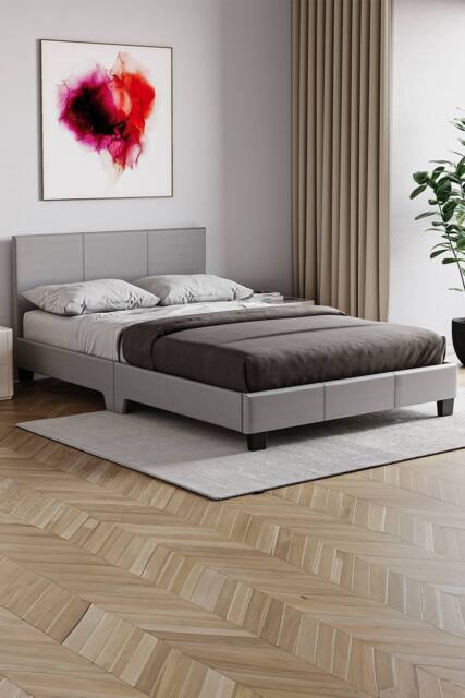 HD Designs Lisbon Small Double Faux Leather Bed Frame UKFR Fabric in Grey - image 1
