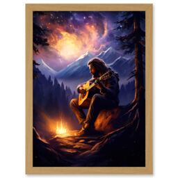 Artery8 Wall Art Print Playing Guitar By A Campfire Oil Painting Purple Orange Storm Brewing in Mountain Forest Landscape Artwork Framed A4 - thumbnail 1