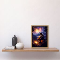 Artery8 Wall Art Print Playing Guitar By A Campfire Oil Painting Purple Orange Storm Brewing in Mountain Forest Landscape Artwork Framed A4 - thumbnail 2