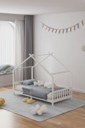 Living and Home White Pine Wood House Bed Frame - thumbnail 1