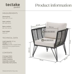 tectake Garden Chair Sundo - thick seat cushions, removable cushion covers in Dark Grey - Size: 2 Seater - thumbnail 6