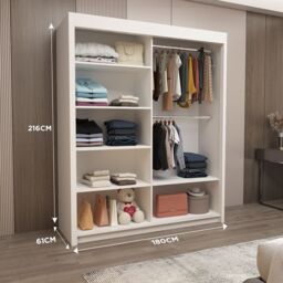 Interior Emporium Ltd IE Stylish Venice Bedroom Wardrobe with Double Sliding Doors with LED Lighting ( White, 180 cm ) in White - thumbnail 2