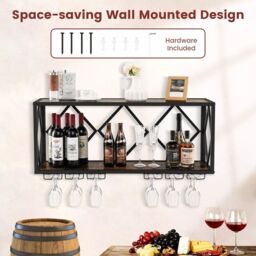 Costway 39 Bottles Wall Mounted Wine Rack Wine Display Shelf w/6-Row of Stemware Holder in Brown - thumbnail 6