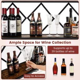 Costway 39 Bottles Wall Mounted Wine Rack Wine Display Shelf w/6-Row of Stemware Holder in Brown - thumbnail 3