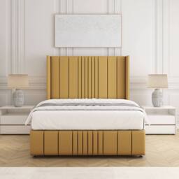"BSSPOKE Elise Plush Velvet Divan Bed Set 54"" Headboard & Mattress No Drawers in Mustard - Size: Super King" - thumbnail 1
