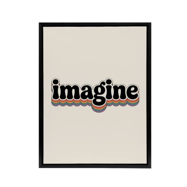 "Artery8 Imagine Colourful Retro Rainbow Font Typography Framed Canvas Art in Beige - Size: W24"" x H32""" - image 1