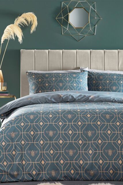 Furn Bee Deco Geometric Reversible Duvet Cover Set in Blue - Size: Super King - image 1