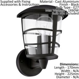 Loops IP44 Outdoor Wall Light Black Modern Lantern 1 x 60W E27 Bulb Porch Lamp - thumbnail 2