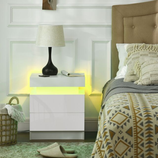 HOMCOM High Gloss Bedside Table with LED Light & 2 Drawers in White - image 1