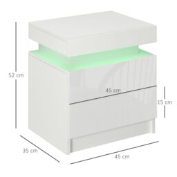 HOMCOM High Gloss Bedside Table with LED Light & 2 Drawers in White - thumbnail 3