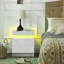 HOMCOM High Gloss Bedside Table with LED Light & 2 Drawers in White - thumbnail 1