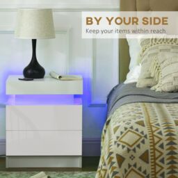HOMCOM High Gloss Bedside Table with LED Light & 2 Drawers in White - thumbnail 6