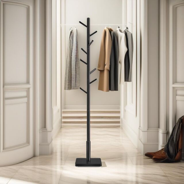 FURNOS Wooden Square Base Coat Stand With 8 Hooks in Black - image 1