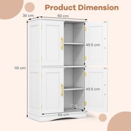 Costway Bathroom Floor Storage Cabinet 110cm Freestanding Pantry Cabinet in White - thumbnail 2