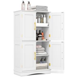 Costway Bathroom Floor Storage Cabinet 110cm Freestanding Pantry Cabinet in White - thumbnail 1