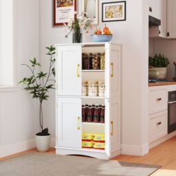Costway Bathroom Floor Storage Cabinet 110cm Freestanding Pantry Cabinet in White - thumbnail 9