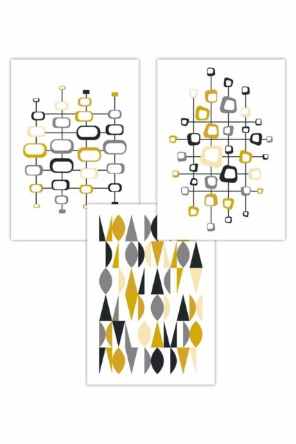 ARTZE Set of 3 Mid Century Graphical Yellow Grey Art Posters - Size: W50 cm x H70 cm - image 1