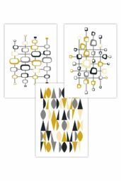 ARTZE Set of 3 Mid Century Graphical Yellow Grey Art Posters - Size: W50 cm x H70 cm - thumbnail 1