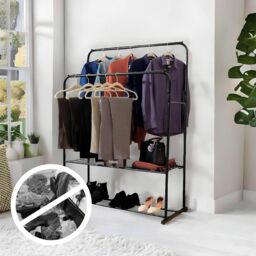 House of Home Double Clothes Rail with Shoe Rack Heavy Duty Metal Garment Hanger Hat Bag Hooks in Black - thumbnail 6