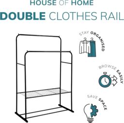 House of Home Double Clothes Rail with Shoe Rack Heavy Duty Metal Garment Hanger Hat Bag Hooks in Black - thumbnail 3