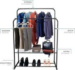 House of Home Double Clothes Rail with Shoe Rack Heavy Duty Metal Garment Hanger Hat Bag Hooks in Black - thumbnail 5