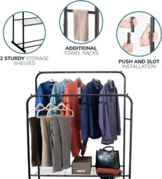 House of Home Double Clothes Rail with Shoe Rack Heavy Duty Metal Garment Hanger Hat Bag Hooks in Black - thumbnail 4