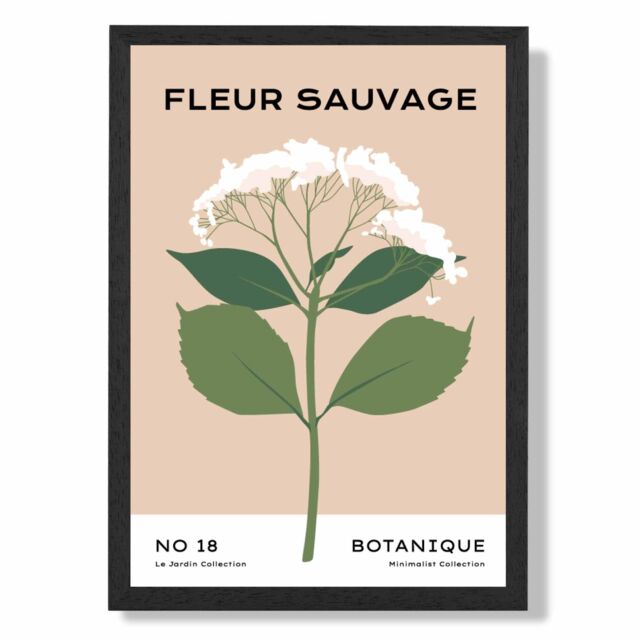 ARTZE Beige & Green Wildflower Flower Market Minimalist Framed Print SIZE: A4 with Black Frame - image 1