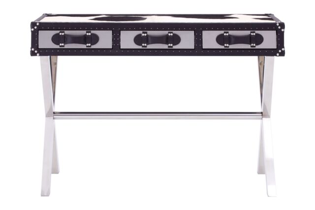 Orsina Black & White Genuine Cowhide Console Table, 3 Drawer Table With Crossed Legs, Table With Leather Handles - image 1